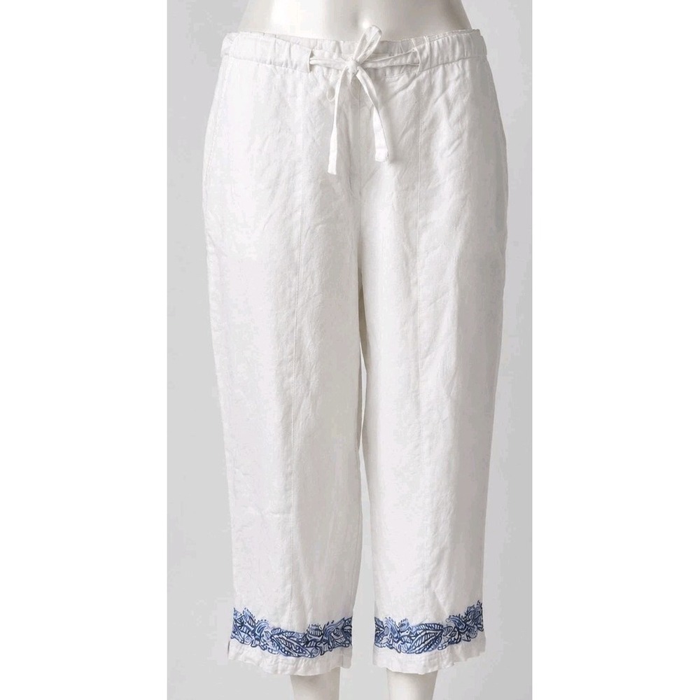 JM Collection Women's Linen Capri Pants White Blue Embroidered Hem Sz 14 Pockets